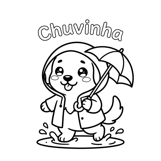 Página para colorir: Golden de capa de chuva e o texto Chuvinha