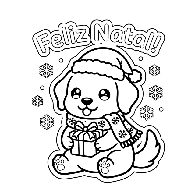 Página para colorir: Golden com gorro e presente e o texto Feliz Natal